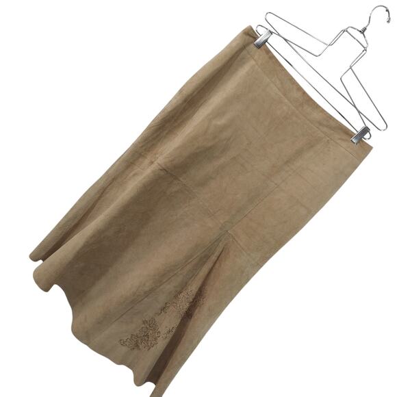 OLSEN EUROPE! FAWN BEIGE/TAN GENUINE SUEDE LEATHER GORED FULL A-LINE SKIRT!SZ 12 - Picture 1 of 14